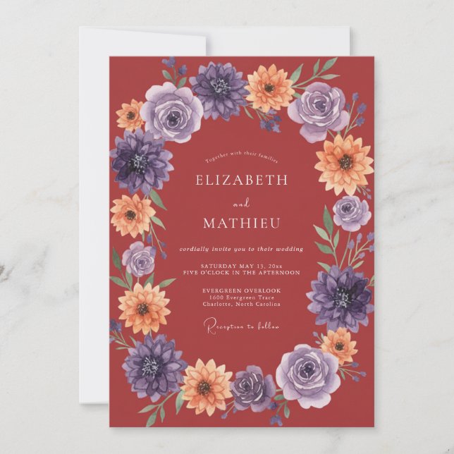 Crimson Floral Wreath Wedding Invitation (Front)