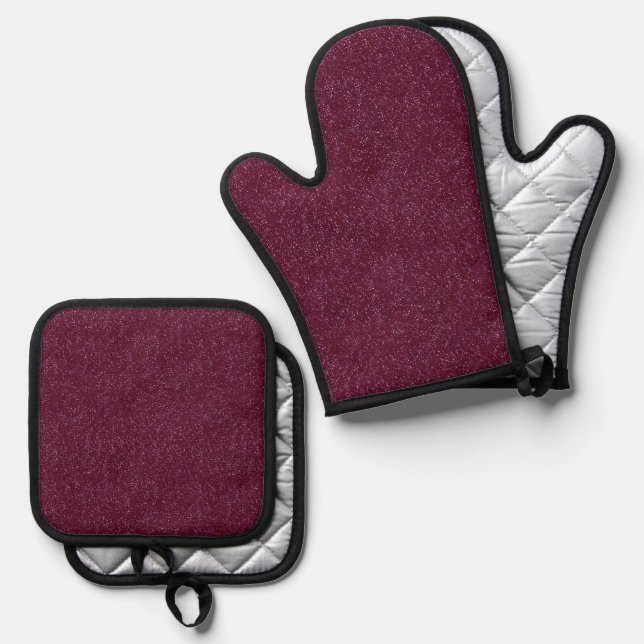 Crimson glitter oven mitt & pot holder set (Front/Back)