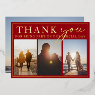 Crimson Gold Foil Wedding Three Photo Thank You 