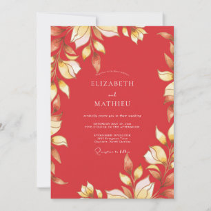 Crimson Gold Leaf Wedding Invitation