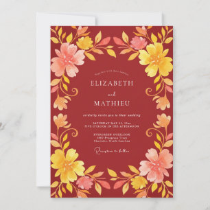 Crimson Gold Wreath Wedding Invitation