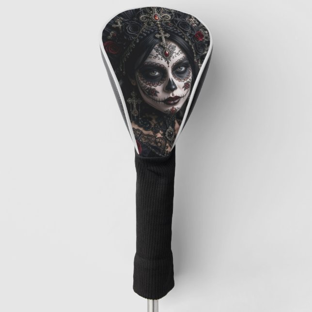 Crimson Gothic Calavera – Black Rose Golf Head Cover (Front)