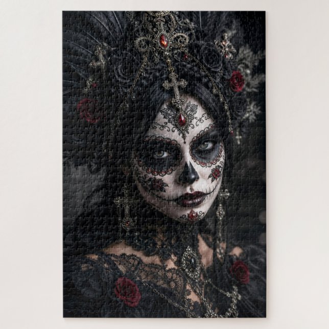 Crimson Gothic Calavera – Black Rose Jigsaw Puzzle (Vertical)