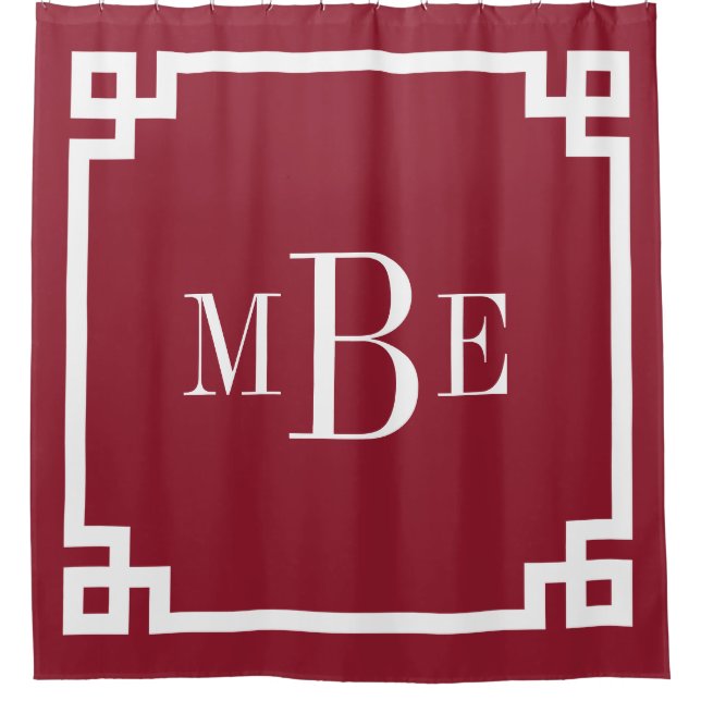 Crimson Greek Key Border Monogram Shower Curtain (Front)