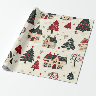 Crimson Green Christmas Village Snowy Toile Wrapping Paper