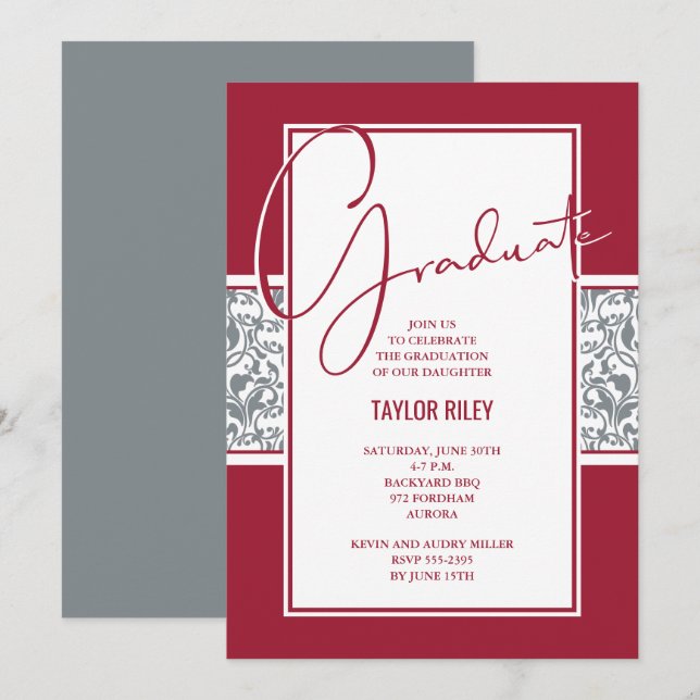 Crimson Grey Damask Graduation Invitation (Front/Back)