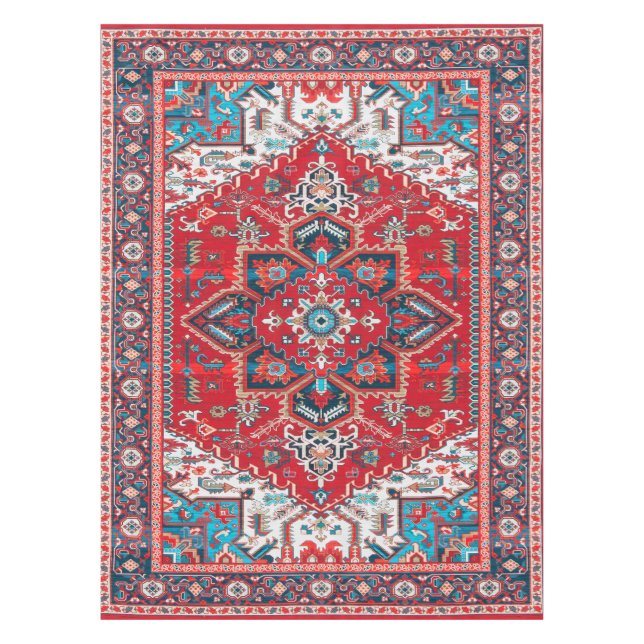 Crimson Heirloom: Moroccan Heritage Rug Art Tablecloth (Front)