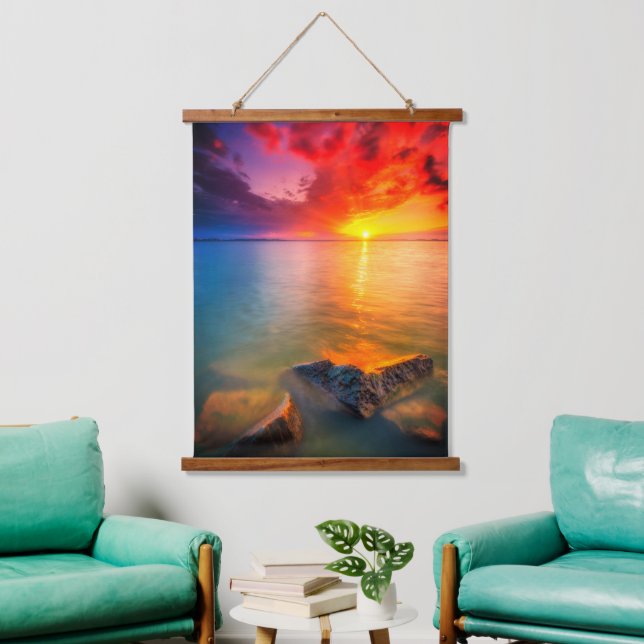 Crimson Horizon Over Gentle Waters Hanging Tapestry (Living Room)