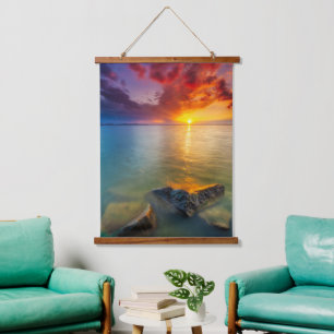 Crimson Horizon Over Gentle Waters Hanging Tapestry