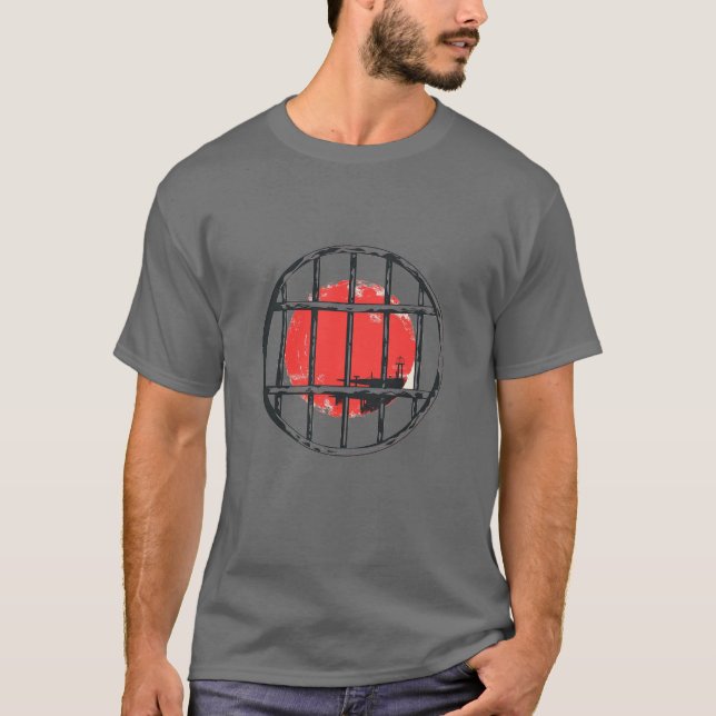 Crimson Horizon: The Red Sun Behind Bars T-Shirt (Front)