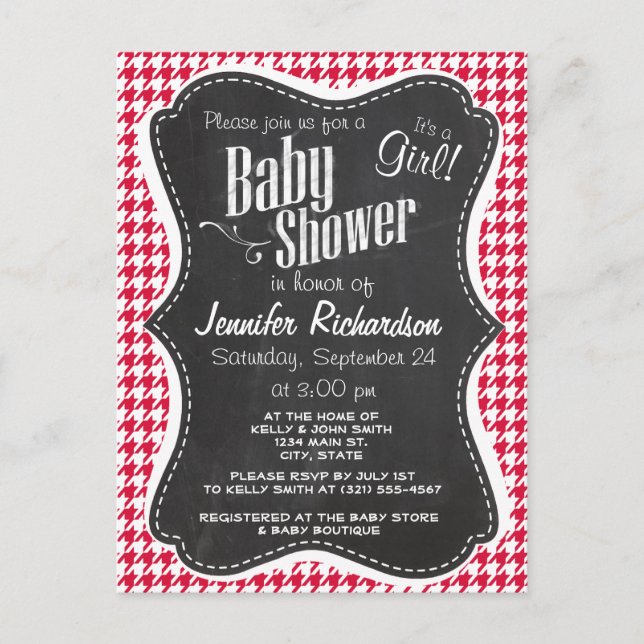 Crimson Houndstooth; Retro Chalkboard Invitation Postcard (Front)