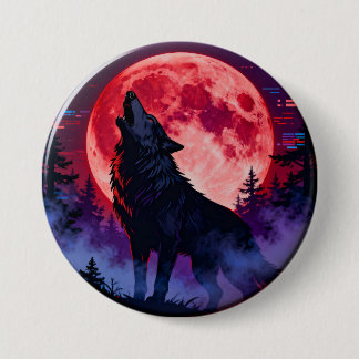 Crimson Howl: Cyberpunk Wolf Under Blood Moon 7.5 Cm Round Badge