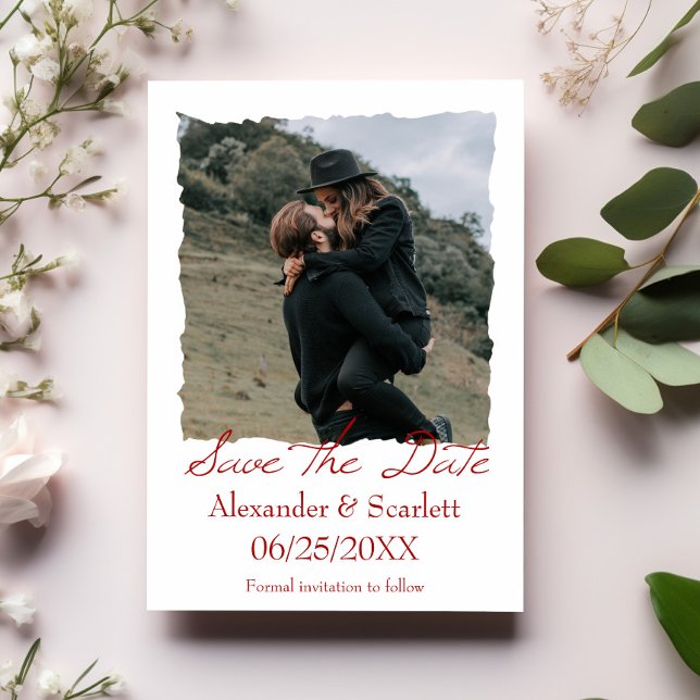 Crimson Jagged Frame Photo Save The Date Announcement (Crimson Jagged Frame Photo Save the Date)
