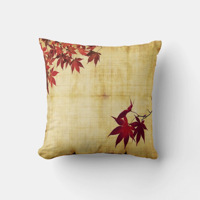Crimson Japanese Maple Leaves Branches On Gold Cushion (Front)