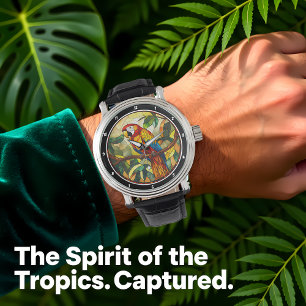 Crimson Jungle Time" - Stained Glass Red Parrot Watch