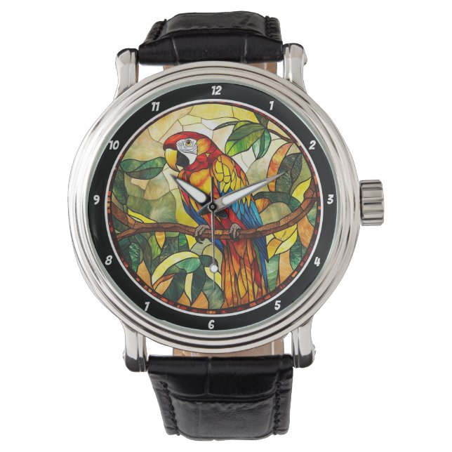 Crimson Jungle Time" - Stained Glass Red Parrot Watch (Front)