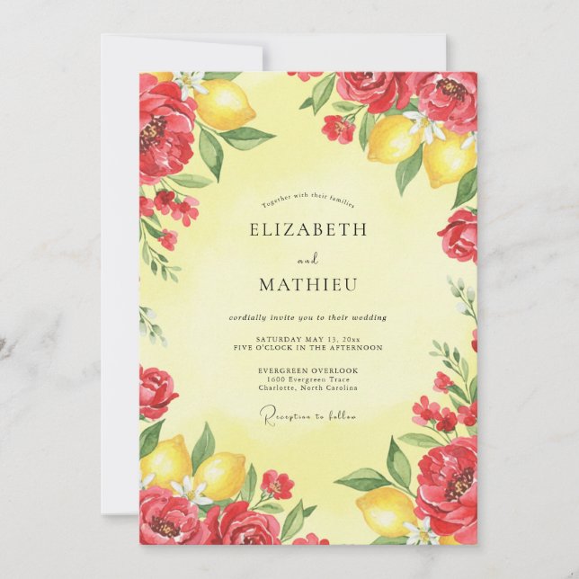 Crimson Lemon Citrus Eucalyptus Wedding Invitation (Front)