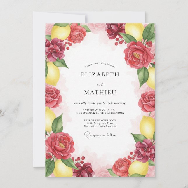 Crimson Lemon Peony Wedding Invitation (Front)