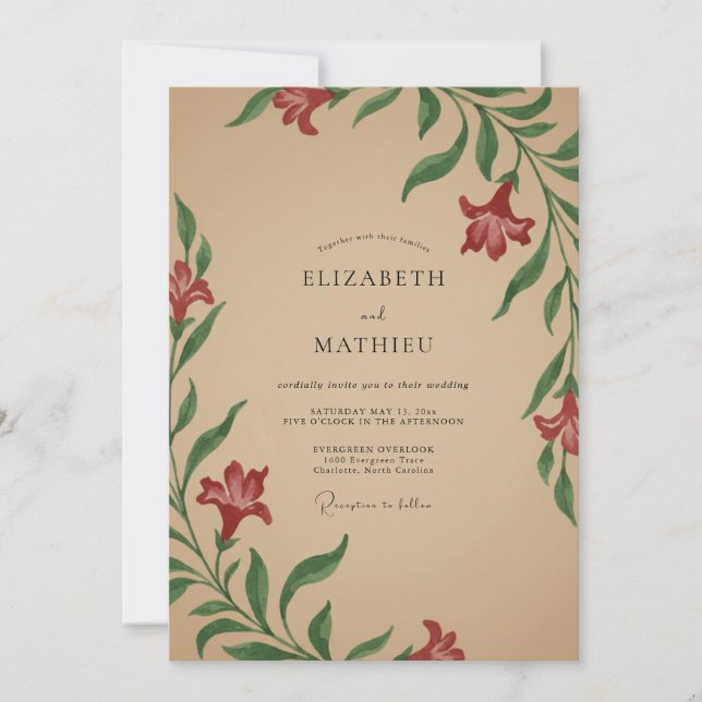 Crimson Lily Tan Wedding Invitation (Front)