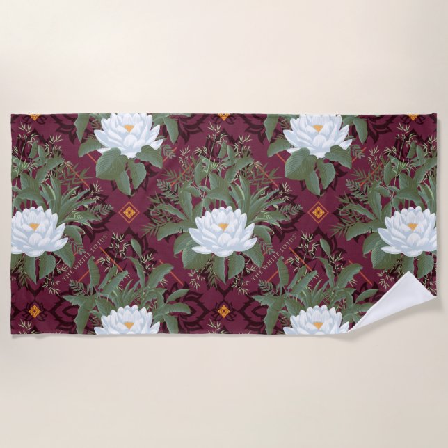 Crimson Lotus Elegance Pattern - The White Lotus Beach Towel (Front)