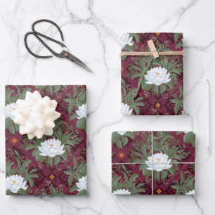 Crimson Lotus Elegance Pattern - The White Lotus Wrapping Paper Sheet