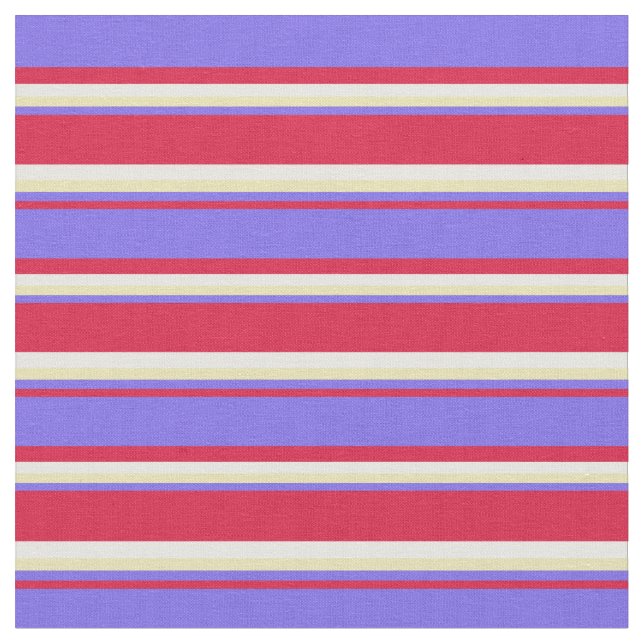 Crimson, Medium Slate Blue, Tan & White Stripes Fabric (Close Up)