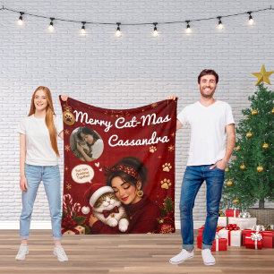 Crimson Merry Cat-Mas Cat Lovers Photo Gift Fleece Blanket