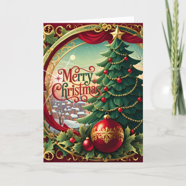 Crimson Merry Christmas Tree Holiday Card (Front)