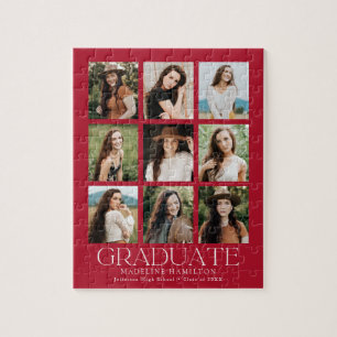 Crimson Modern Grid 9 Photo Collage Graduation Jigsaw Puzzle
