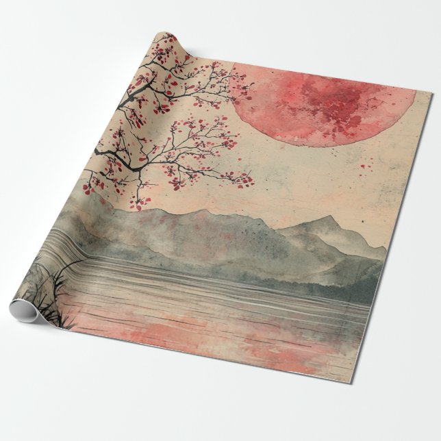 Crimson Moon Lakeside Ink Wash Wrapping Paper (Unrolled)