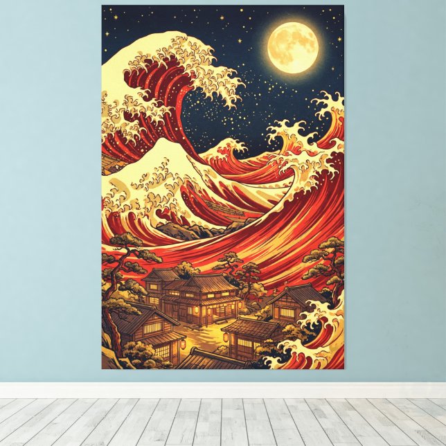 Crimson Moon Over Japanese Coast – Ukiyo-e Style Canvas Print (Insitu(Wood Floor))