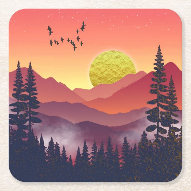 Crimson Mountains Landscape Square Paper Coaster (Front)