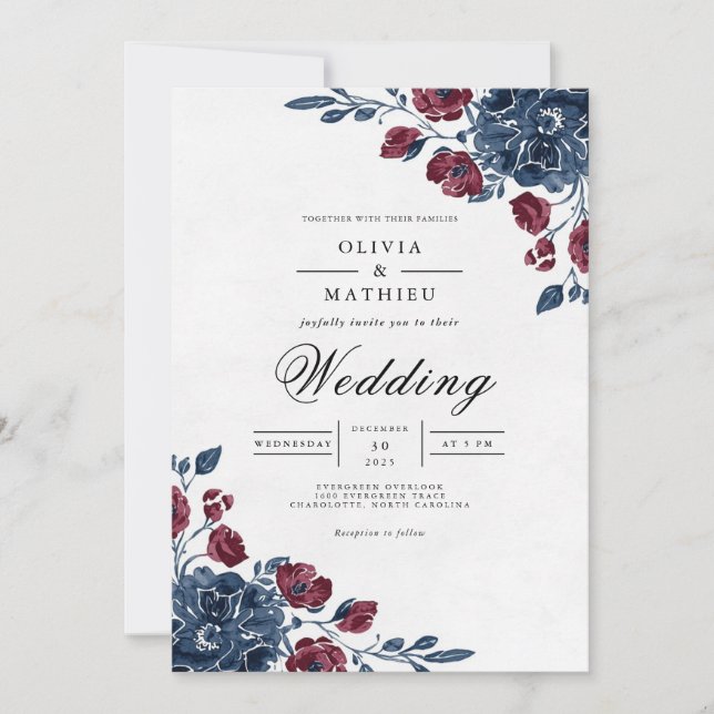 Crimson Navy Floral Archway Wedding Invitation (Front)