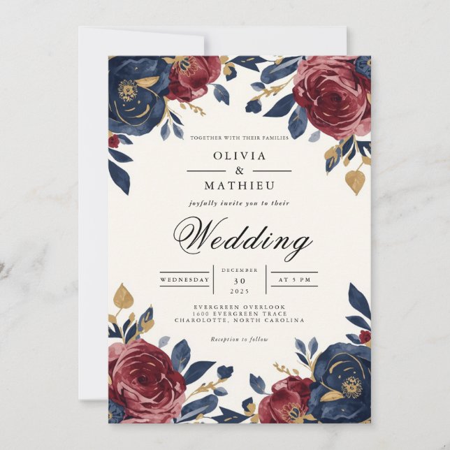 Crimson Navy Floral Flourish Wedding Invitation (Front)