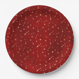 Crimson Nightfall Gold Star Illustration Paper Plate