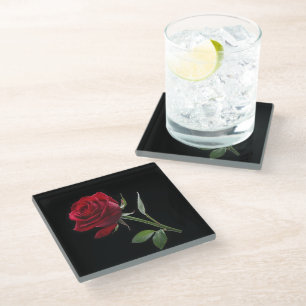 Crimson on Ebony: The Single Red Rose, Glass Coaster