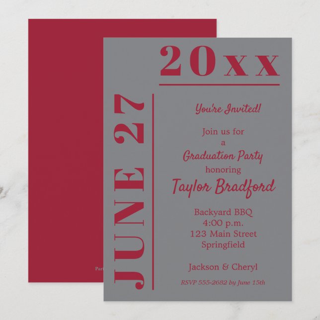 Crimson on Grey Graduation Party Invitations (Front/Back)
