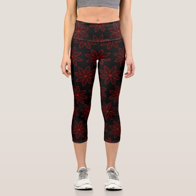 Crimson Pattern on Black  Capri Leggings (Front)