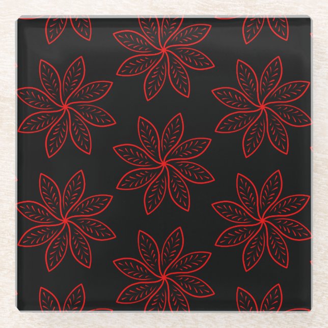 Crimson Pattern on Black  Glass Coaster (Front)