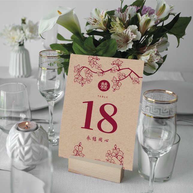 Crimson Peach/Plum Blossoms Kraft Chinese Wedding Table Number (Creator Uploaded)