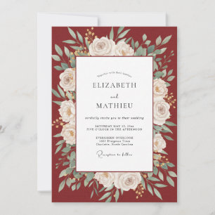 Crimson Peony Wreath Wedding Invitation