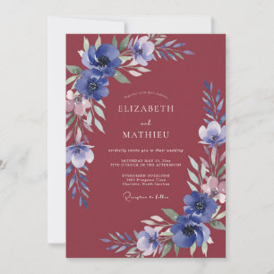 Crimson Periwinkle Leafy Wedding Invitation