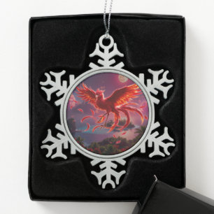 Crimson Phoenix of the Moonlit Tide.  Snowflake Pewter Christmas Ornament