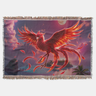 Crimson Phoenix of the Moonlit Tide. Throw Blanket