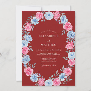 Crimson Pink Blue Floral Wedding Invitation