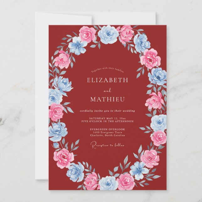 Crimson Pink Blue Floral Wedding Invitation (Front)