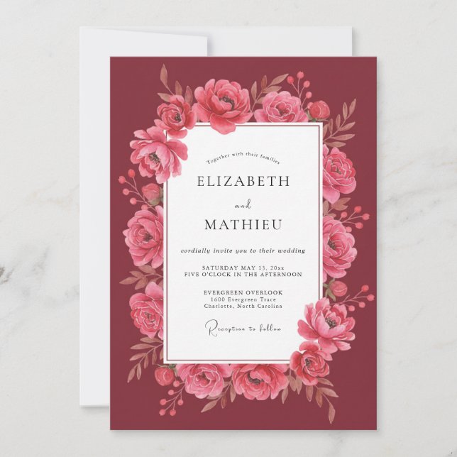 Crimson Pink Peony Wedding Invitation (Front)