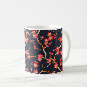 Crimson Plum Blossom Gold Bronze Navy Floral Coffee Mug