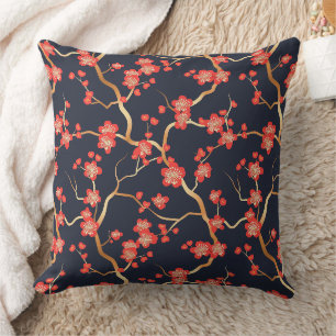 Crimson Plum Blossom Gold Bronze Navy Floral Cushion