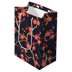 Crimson Plum Blossom Gold Bronze Navy Floral Medium Gift Bag